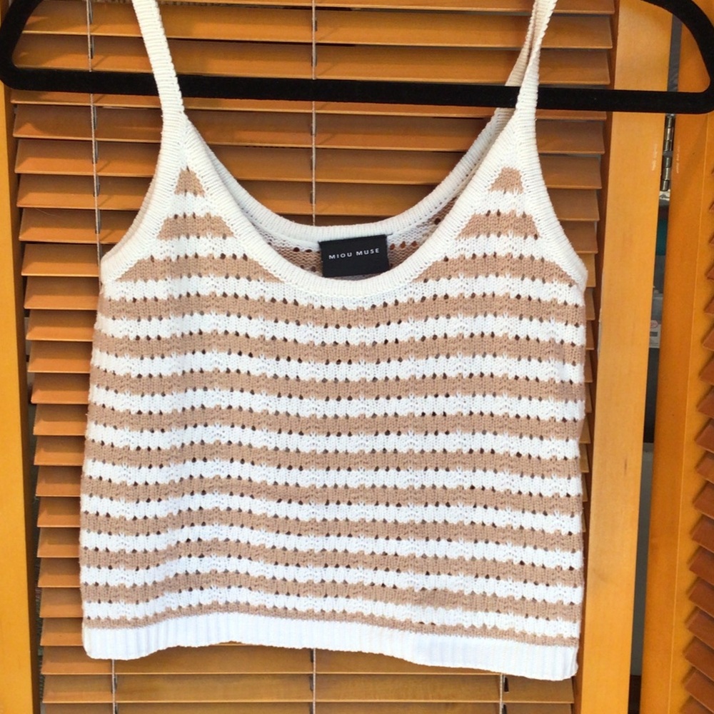 Miou Muse Striped Open-Knit short tank top  — White & Tan